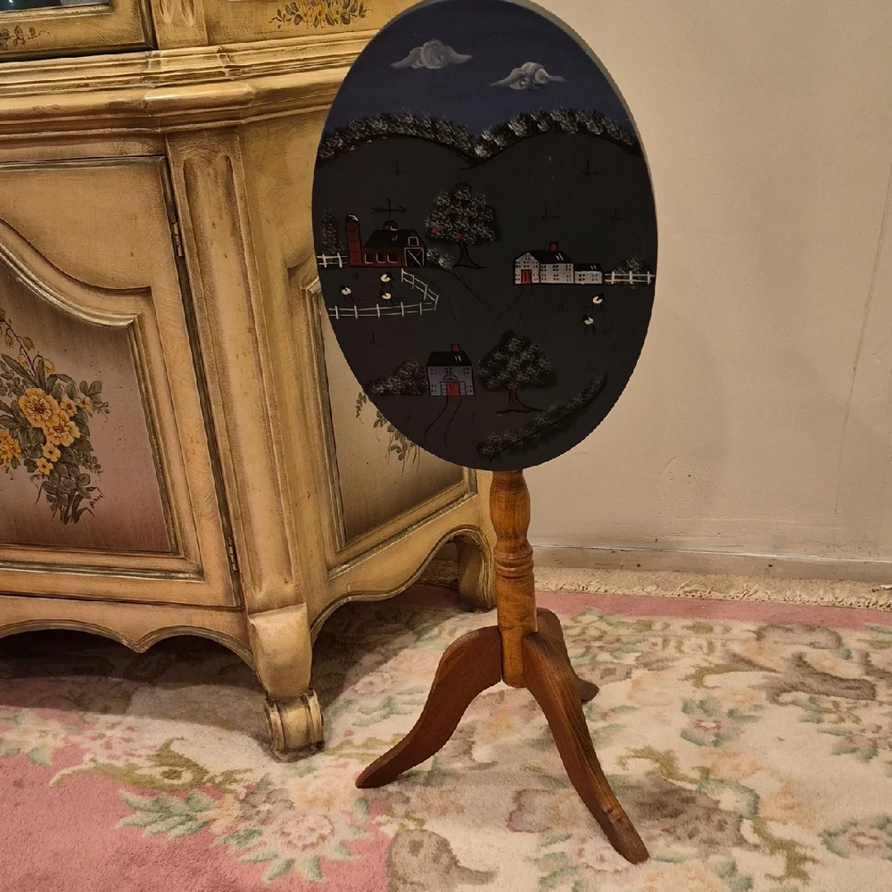 Vintage Wooden Hand-Painted  Oval Cottage Country Scene Tilt Tea Table